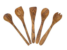 Afbeelding in Gallery-weergave laden, Set van vijf olijfhouten keukenspatels. Set saladeservers, set spatels en een houten lepel.